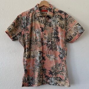 Tori Richard Coral and Black Palm Print Button Up Shirt Sz M